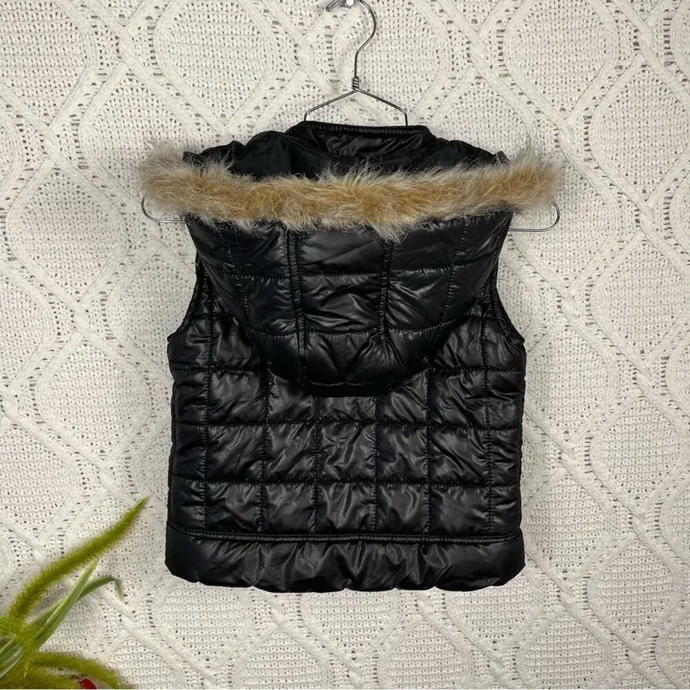 JUSTICE‎ | Black Shiny/Metallic Quilted Puffer Vest with Faux Fur Hood